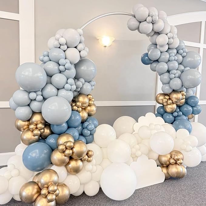 Dusty Baby Blue Gold Balloons, 12 Inch Maca Blue White and Metallic Gold Balloons for Boy Baby Bridal Shower Birthday Gender Reveal Wedding Party Decorations