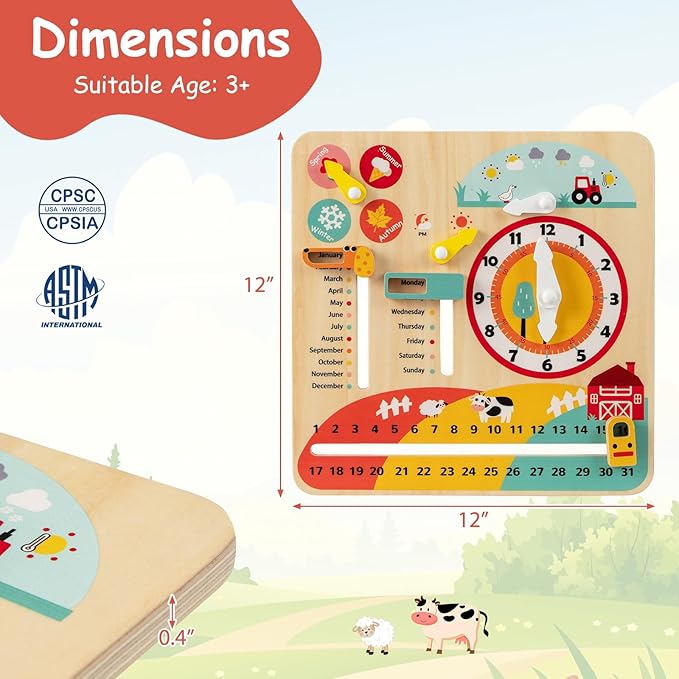 Costzon Montessori Kids Daily Learning Clock Toy, Wooden Educational Learning Clock Toy About Season, Weather, Day, Night, Month, Week & Date, Toddlers Daily Calendar for Preschool Boys Girls Aged 3+