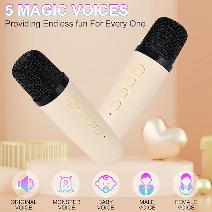 Karaoke Machine for Kids Adults, Mini Portable Bluetooth Karaoke Speaker with 2 Wireless Microphone and Lights,Toys for All Smartphones,Birthday, Family,Home Party Beige