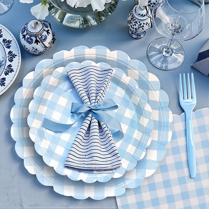 96Pcs Blue Gingham Plates and Napkins Forks Lace Plaid Paper Plates for 24 Guest Picnic Wedding Baby Shower Tea Kids Birthday Party Supplies Decrations