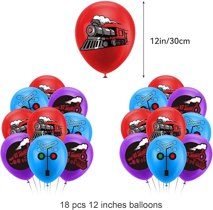 Retro Train Birthday Party Supplies - Includes Train Happy Birthday Banner, Cake Topper, Cupcake Toppers, Balloons for Vehicle Party Decorations