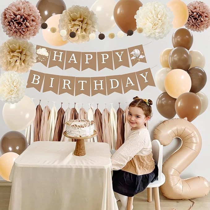 Birthday Decorations for Girls Boys, Brown Happy Birthday Banner with Felt Ball Garland Paper Pompoms Tassel Garland, Beige Cream Neutral Boho Birthday Party Balloons for Women Men Baby Shower