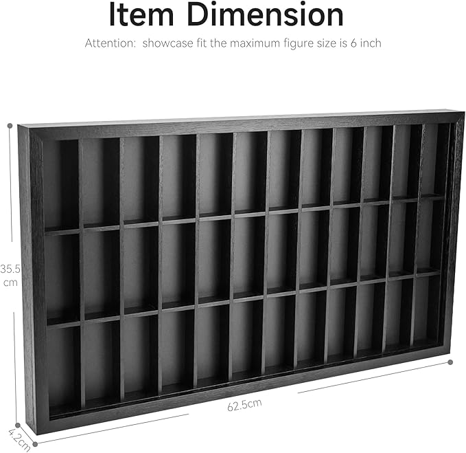 Wooden Display Case for 3.75 inch Action Figures, Wall Mounted 36 Compartments Collectors Showcase,Fit for 1/18 Scale Star Wars / GI Joe / Marvel Action Figure Toy Black