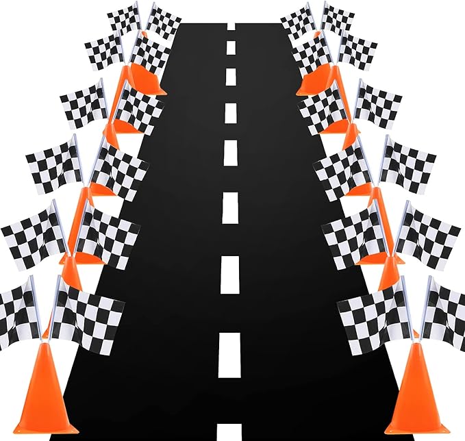 7inch Orange Racing Traffic Cones With Holes on Top,Checkered Flags,Racetrack Floor Runner,Race Car Birthday Party Supplies,Racing Car Table Centerpiece Decorations 38PCS