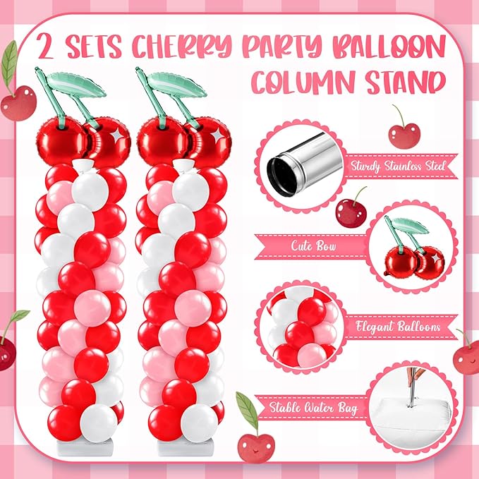 Kasyat 2 Set Cherry Balloon Column Stand Kit with Adjustable Balloon Arch Kit Red Cherry Party Supplies for Girls Summer Fruit Wedding Baby Shower Birthday Party Supplies
