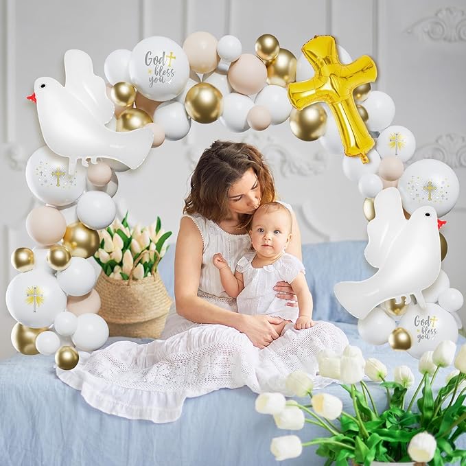 169 Pcs First Communion Decorations Balloons Kit Baptism Party Decorations White Metallic Gold Balloons Arch Kit First Holy Communion Decor for God Bless Christening Birthday Theme Party Supplies