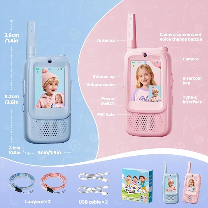 Video Walkie Talkies for Kids, 2 Pack Rechargeable Kids Walkies Talkies with Video Call & Voice Changer, Boys Girls Toys Ages for 3-12, Family Games, Indoor Outdoor Play and Camping(Blue & Pink)