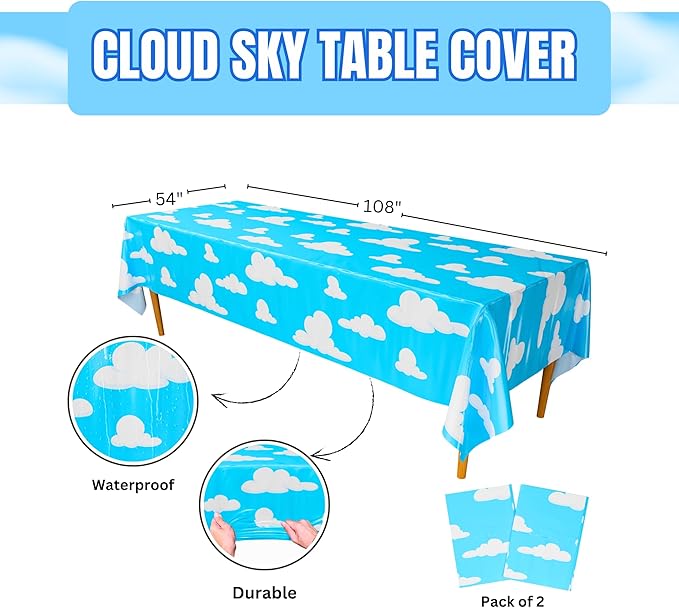 Blue Orchards Cloud Sky Table Covers (Pack of 2) - 54"x108" XL - Cloud Decorations, Backdrop, Backdrop, Cloud Tablecloth, Sky Birthday Party Supplies, Cloud Theme Birthday Party