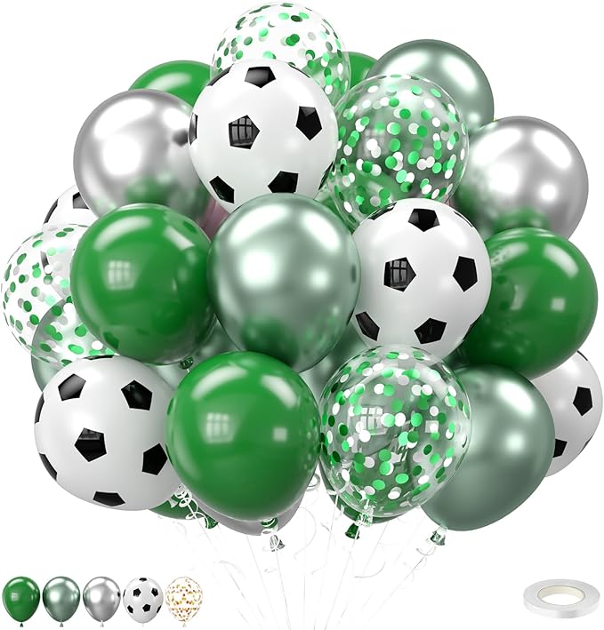 Soccer Balloons, 12 Inch Football Balloon Metallic Green Silver black Confetti Party Latex Ballons for Boy Soccer Birthday Sport Decorations Baby Shower Graduation Party Supplies