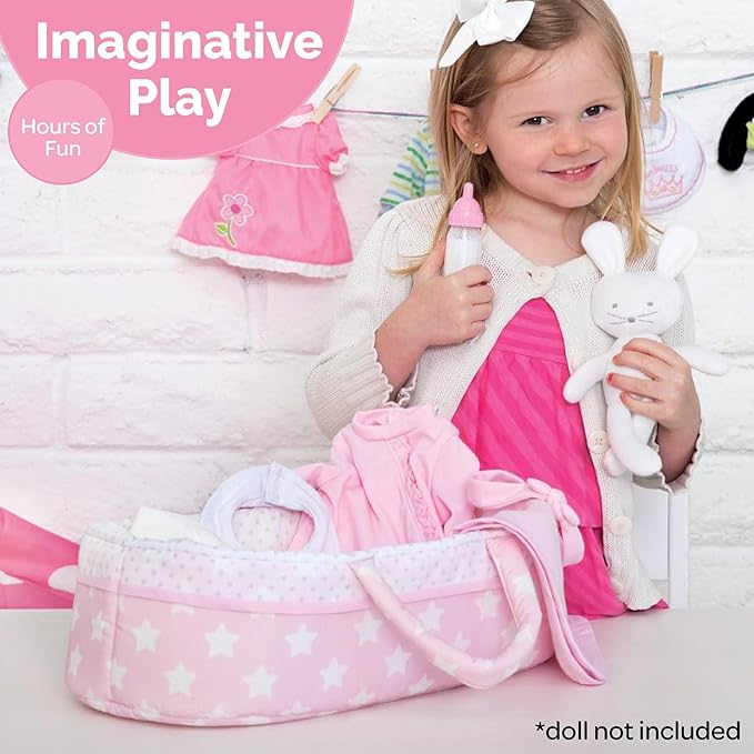 Adora Adoption Babies Essentials, 8-Piece Adoption Baby Doll Accessories and Bunny Toy includes Pink Bassinet, Ruffled Onesie, Headband, Blanket, and Bottle Birthday Gift For Ages 3+ - It's A Girl