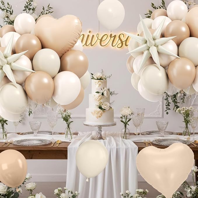Netural Balloons, 12Inch Double Stuffed Beige Cream Tan Balloons Blush White Sand Boho Balloon with Star Balloon for Netural Gender Reveal Bridal Birthday Wedding Party Decorations