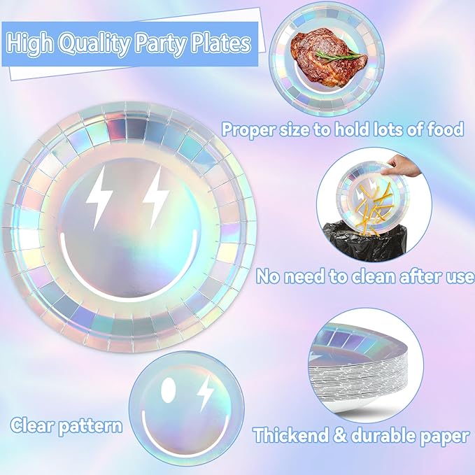 96Pcs Iridescent Party Supplies Smile Face Paper Plates Napkins Holographic Foil Laser Party Tableware Set Holographic Dinnerware for Birthday Baby Shower Decoration Serve 24