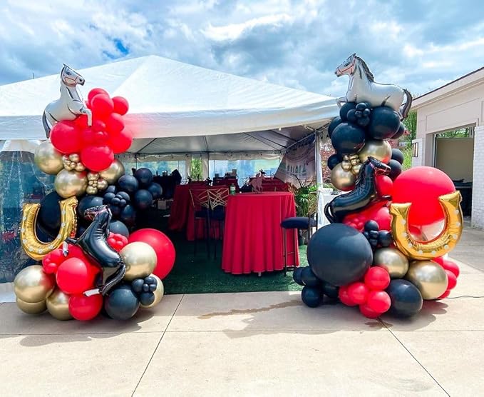 Derby Balloon Garland Arch Kt, 144pcs Red Black Gold Balloons with Rose Horse Horseshoe Foil Balloons for Run for the Rose Kentucky Party Rodeo Birthday Horse Racing Decorations