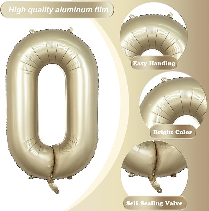 Metallic Gold Number 0 Balloons 40 Inch, Large Champagne Number Balloons 0-9 Set, Light Gold 0 Mylar Foil Balloon Numbers for Girls Boys Baby Shower Birthday Graduation Anniversary Party Decorations