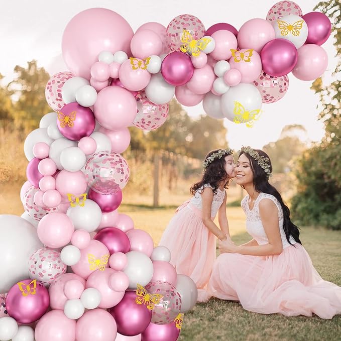 Pink and White Balloon Arch Garland Kit, Pink White Metallic Magenta Confetti Latex Balloons and Butterfly Accessories for Baby Shower Wedding Birthday Anniversary Party Decorations