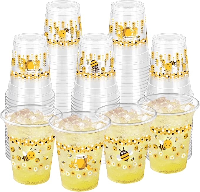 100 Pcs Bee Party Plastic Cups 12 oz Honey Disposable Drinking Cups Clear Cute Bee Theme Party Cups for Bees Baby Shower Birthday Parties Supplies