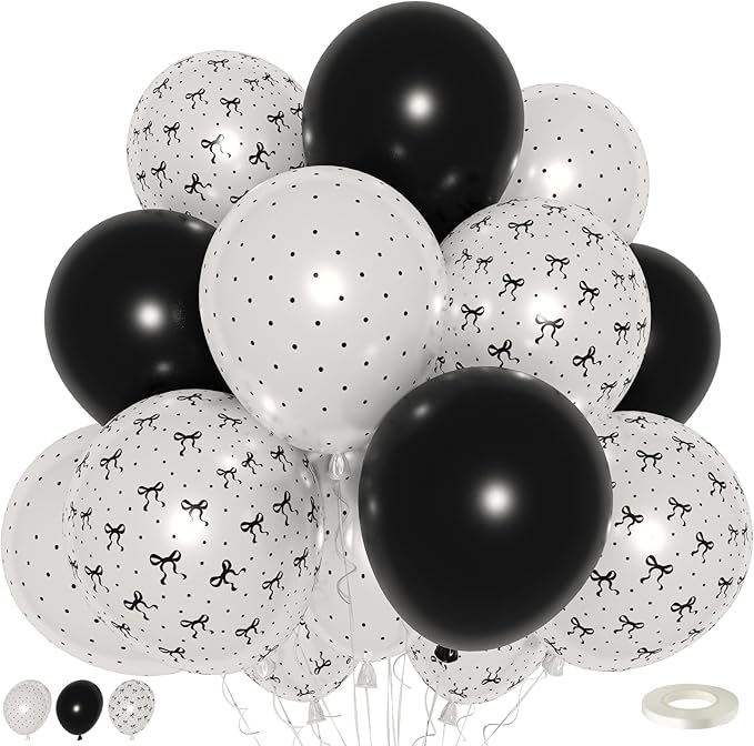 Black and White Bow Balloons, Pearl Black White Bow Print Latex Balloons for Women Girls Coquette Birthday Bachelorette Wedding Bridal Shower Engagement Anniversary Party Decorations