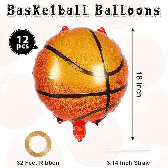 12 Pcs Basketball Balloons,18 Inch Basketball Foil Balloons,Sports Mylar Balloon Basketballs Birthday Decorations for Sports Theme Party Supplies