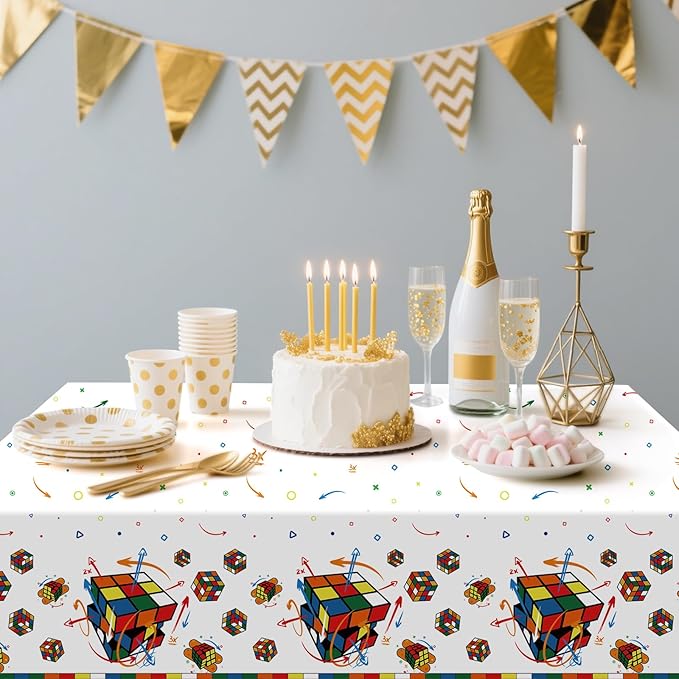 3 Pcs Magic Cube Pattern Disposable Tablecloth, Colorful Geometric Design Birthday Tablecloth Party Supplies for Smart Fun Kids Adult Celebrations,54 * 108 Inch.