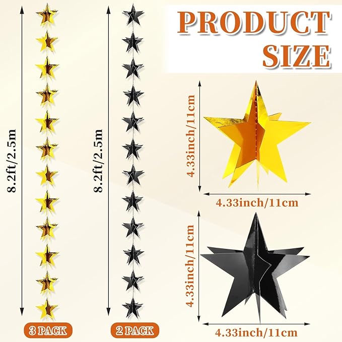 MARFOREVER 5 PCS 3D Black and Gold Star Garland, 41 Ft Star Metallic Paper Twinkle Hanging Sparkling Stars Banner Streamer for Birthday Wedding Baby Bridal Shower Holiday Graduation Party Supplies