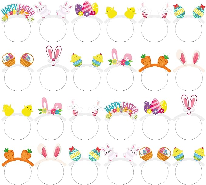24 Pcs Easter Paper Headbands Colorful Eggs Bunny Headwear Rabbit Chick Head Boppers for Spring Easter Costume Party Favors Supplies Decoration Basket Stuffers Photo Booth Props