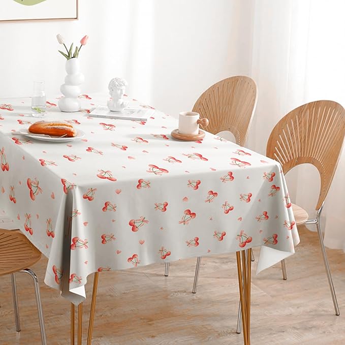 Pink Cherry Tablecloth for Kids, 54×108 Inch Cute Plastic Table Cover with Sweet Cherry Pattern, Disposable Table Decoration for Girls Birthday Party or Picnic, Rectangle Waterproof Tables Cloth