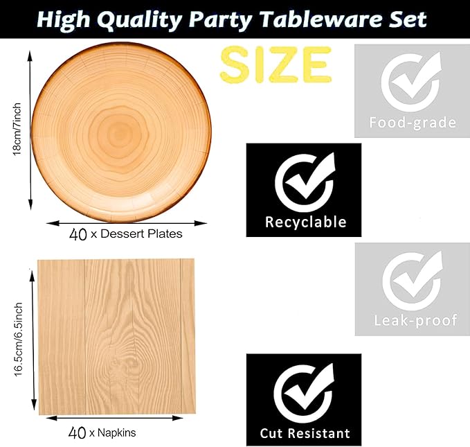 80Pcs Rustic Wood Grain Party Set - 7" Paper Plates, Wood Slice Napkins for Camp Fire, Camping, Baby Shower, Lumberjack Birthday Party Decorations - Serves 40
