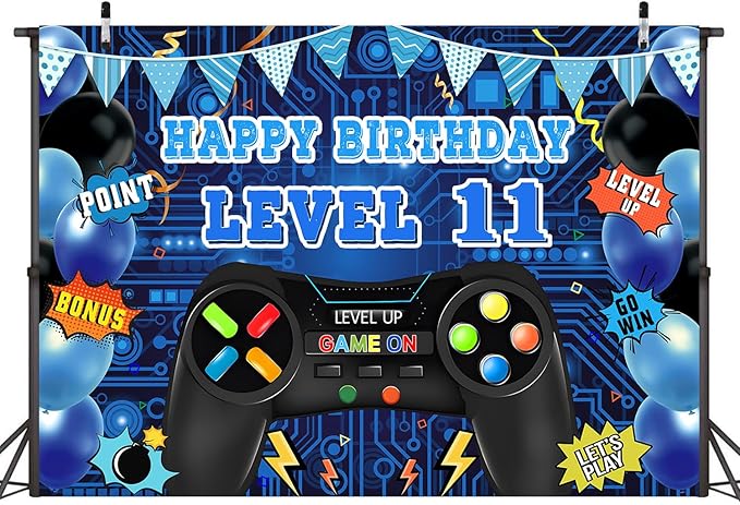 Game Theme Level 11 Birthday Backdrop Video Game Happy 11th Birthday Party Decorations Level Up Theme Boys Kids Birthday Party Supplies(7×5FT)