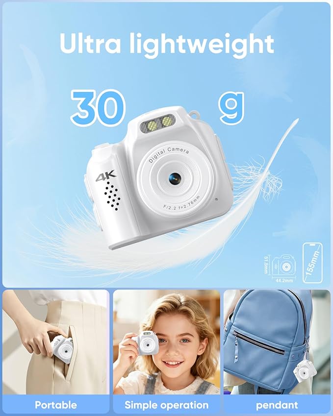 Mini Keychain Camera - 4K Mini Retro Digital Camera - Tiny Pocket Size Photo Video Cameras with 32GB Card - Small Compact Micro Portable Video Recorder for Travel Study Recording (White)