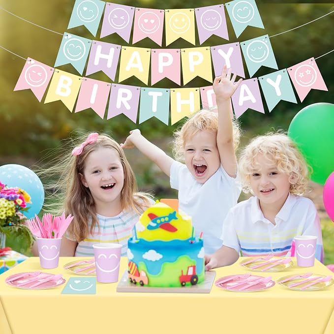 Dandat 175 Pcs Pastel Birthday Plates and Napkins Preppy Party Decorations Macaron Smile Happy Birthday Banner Supplies Serves 24 Guests Tableware Paper Plates Napkins Cups Tablecloths(Bright)