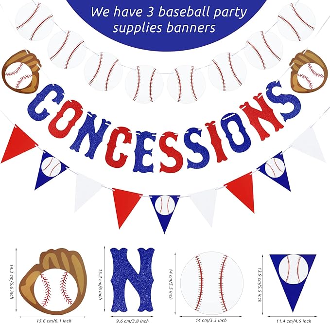 3 Pieces Baseball Garland Baseball Banner Glitter Concessions Banner Ball Triangle Bunting Pennant Flag Sports Themed Game Day Decorations for Party Favors Home Run Birthday Party Supplies