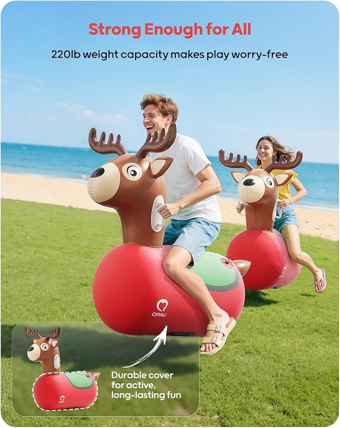 QPAU Large Inflatable Reindeer Hopper Bouncy Toy, 250lbs High Capacity Ride-on Animal for Kids & Adults, Soft Fabric Cover & Pump, Durable Puncture-Resistant Bouncer for Family Party Gift