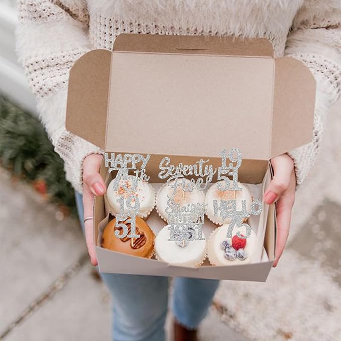 30 PCS 75th Birthday Cupcake Toppers Glitter Seventy Five Happy 75 Straight Outta 1951 Cupcake Picks for Cheers to 75 Fabulous 75th Birthday Anniversary Party Cake Decorations Supplier Silver