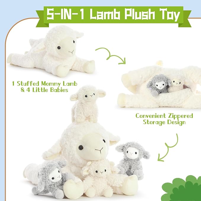 5Pcs Lamb Stuffed Animal Set, Mommy Lamb Plush 20 Inch with 4 Baby Lambs in Her Zippered Tummy, Stuffed Sheep Plushie Toy for Girls Boys and Kids