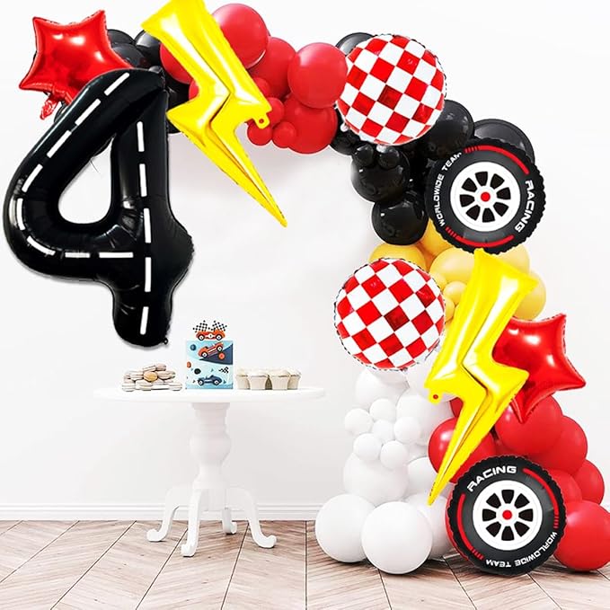 Race Car Birthday Party Decorations Large Lightning Bolt Foil Balloons Race Car Balloons 40 Inch Racetrack Number 4 Balloon for Boys 4th Race Car Birthday Party Decor Supplies
