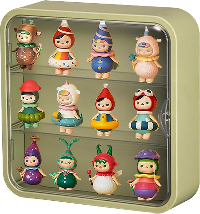 Clear Display Case for Figures, Wall-Mounted Doll Storage Box Cabinet Organizer 3-Layer Acrylic Dustproof Display Cabinet Box for Collectibles Action Figures Pop Mart (Green)
