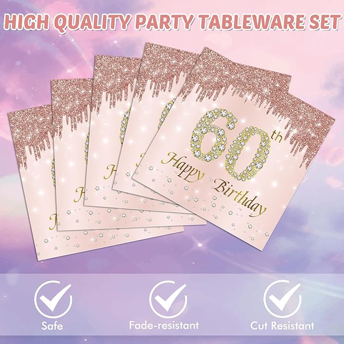 40 PCS 60th Birthday Decorations for Women Rose Gold Party Supplies Include 60th Birthday Plates and Napkins Rose Gold 1966 Birthday Decorations Disposable Tableware Set for Girl Ladies Women