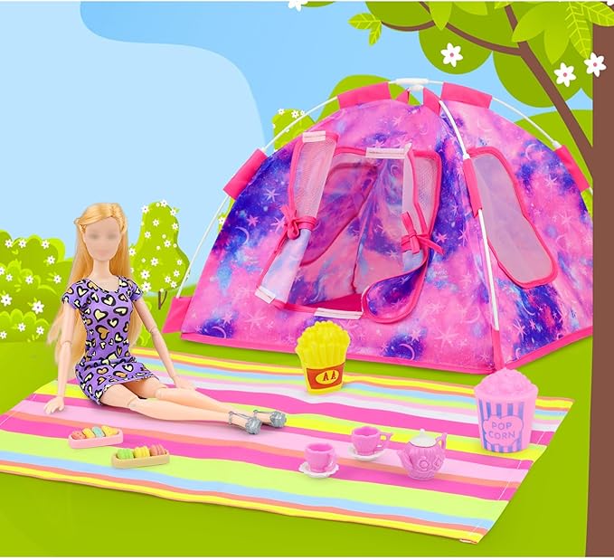 K.T. Fancy 18 PCS Girl Doll Travel Camping Tent Set and Accessories for 11.5 Inch Includes Tent, Clothes, Backpack, Toy Dog, Placemat, Toy Phone, Glasses (Doll NOT Included)