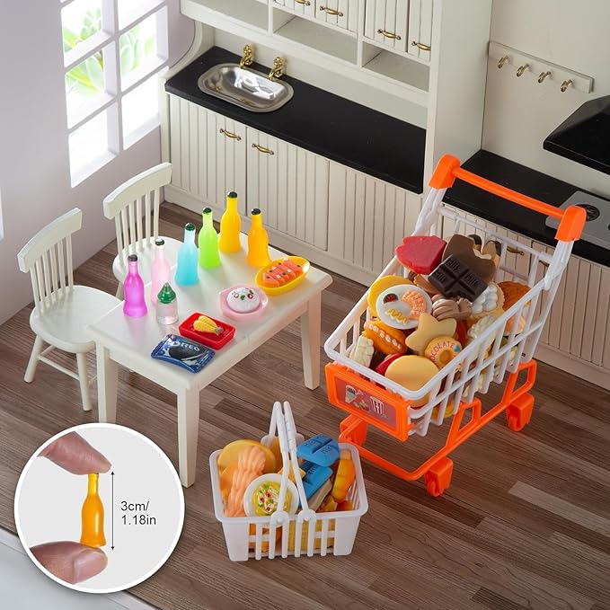 200Pcs Dollhouse Miniature Food Drinks Bottle Cooking Toys Kitchen Accessories Mini Play Fake Resin Pretend Game Party Tableware Bread Cake Ice Cream 1/12 Doll House Landscape