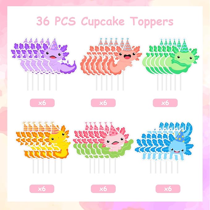 36 Pieces Axolotl Cupcake Toppers Birthday Decorations for Boys Girls - Cartoon Animal Axolotl Theme Cake Decors Picks Baby Shower Gender Reveal Party Favors Supplies