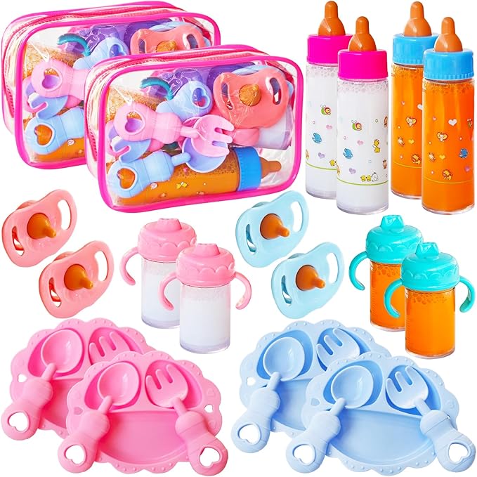 26 Pcs Baby Doll Accessories Magic Bottle Set,Pretend Play Feeding Toy Set with Package,Doll Feeding Set for Kids Girls,Magic Disappearing Juice Milk Bottles,Sippy Cups,Pacifiers,Bowl Spoons