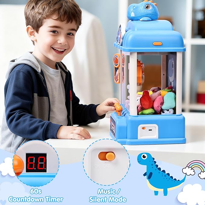 CWLAKON Claw Machine for Kids Boys Dinosaur Toys, Mini Vending Machine with Sound & 20 Mini Toys, Large Candy Grabber Prize Dispenser Electronic Arcade Games, Christmas Birthday Gifts for Boys, Blue