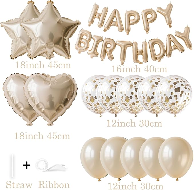 27 Pcs Champagne Gold Birthday Decorations, 3D Letters Champagne Gold Happy Birthday Balloon Banner, Pentagram Heart Foil Balloons Confetti Balloons Kit For Boys Girls Party Supplies