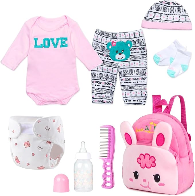 Reborn Baby Girl Doll Clothes Pink Outfits Accesories 8 Pcs Set with Backpack&Diaper for 17-22 Inch Reborn Doll Newborn Girl