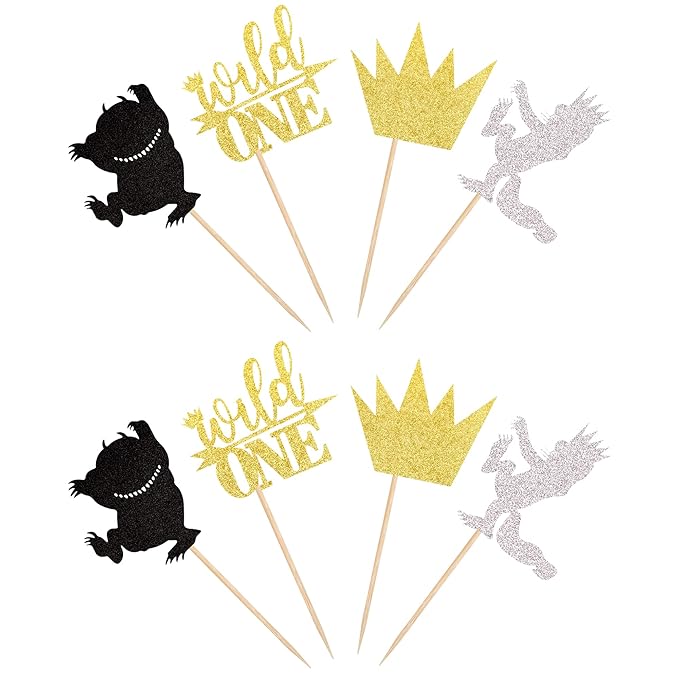 24 PCS Where The Wild Things Are Inspired Cupcake Toppers Glitter Crown Wild One Cupcake Picks Baby Shower Kids 1st Birthday Party Cake Decorations Supplies Colorful