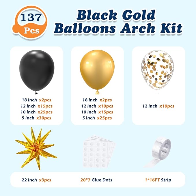 137Pcs Black and Gold Balloons Garland Arch Kit with Stars - 5 10 12 18 inch Black Gold Confetti Latex Party Balloons for 2026 New Year Graduation Retirement Decorations Birthday