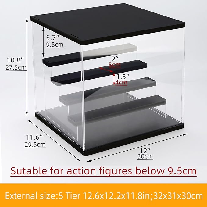 Clear Acrylic Display Case with Light , 5 Tier Multiple Color Lights Display Box Stand Assembly Dustproof Protection Showcase for Collectibles Action Figures (Black 12.6×12.2×11.8in)