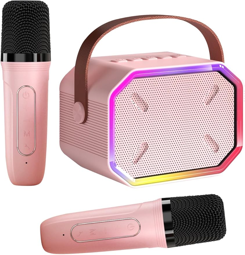 Karaoke Machine for Kids and Adults, Mini Portable Bluetooth Speaker with 2 Wireless Microphones, Kids Gift for Girls Boys Family Party Birthday (Pinkcolor)
