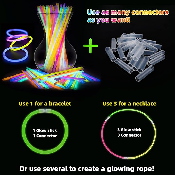 500 Pcs Glow Sticks Bulk Party Pack, 8'' Glow in the Dark Party Supplies, Glow in the Dark Light Up Sticks with Connectors, Party Favors for Birthday, Concert, Raves, Halloween, Christmas
