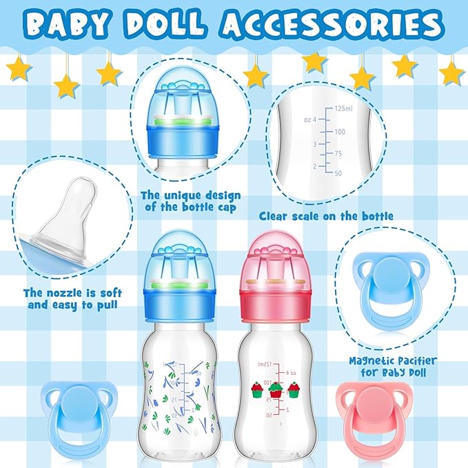 Jexine 4 Pieces Reborn Doll Accessories, Includes 2 Magnetic Pacifier and 2 Doll Bottles, Feeding Bottle Gift for Shower Birthday, Random Pattern(125 ml,Cute,Pink,Blue)